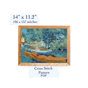 Vincent van Gogh&#39;s Bank of the Oise cross stitch pattern, cross stitch chart, PDF download
