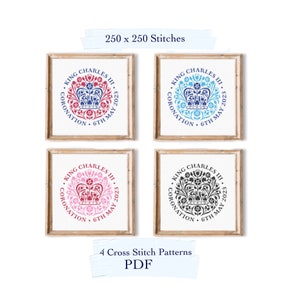 King Charles III Coronation 2023 Emblem, 4 Cross stitch patterns, pdf download