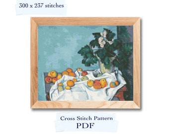 May include: A cross stitch pattern featuring a still life of fruit, a vase of flowers, and a white tablecloth. The pattern is 300 x 237 stitches.