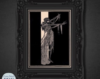 Edgar Allan Poe Cross Stitch Pattern, Gothic Harry Clarke Illustration (PDF Download)