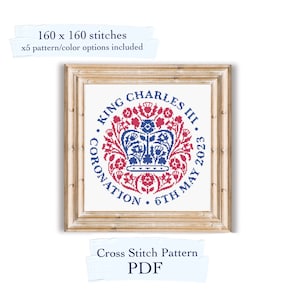 King Charles III Coronation 2023 Emblem, 5 Cross stitch patterns, pdf download