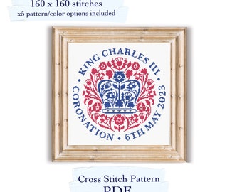 May include: Cross stitch pattern for King Charles III's coronation, featuring a crown with floral details in red and blue. The text reads "King Charles III Coronation 6th May 2023".