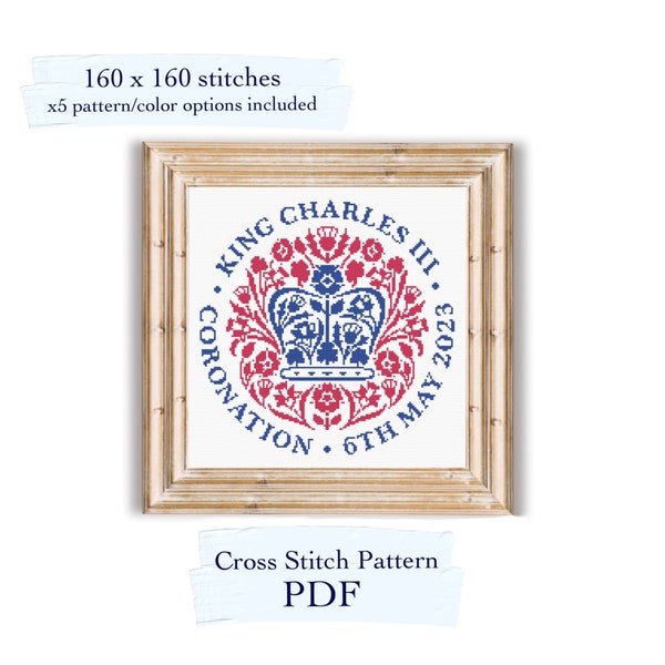Emblema Coronación Rey Carlos III 2023, 5 patrones punto de cruz, descargar pdf