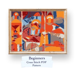 May include: A cross stitch pattern for beginners, featuring a colorful abstract design with geometric shapes in shades of red, orange, yellow, blue, and gray. The pattern is framed in a wooden frame and includes the text "Beginners Cross Stitch PDF Pattern".