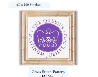 May include: A cross stitch pattern for The Queen's Platinum Jubilee 2022. The pattern features a purple circle with a white crown and the text "The Queen's Platinum Jubilee 2022".