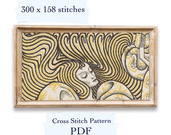 May include: Cross stitch pattern PDF of a woman with long, flowing hair in a yellow and brown colour scheme. The pattern is 300 x 158 stitches.