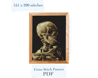 May include: Cross stitch pattern PDF of a skeleton with a cigarette in its mouth, in a wooden frame. The pattern is 151 x 200 stitches.