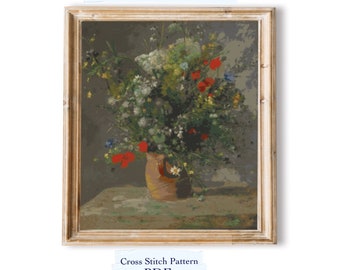 May include: Cross stitch pattern PDF of a vintage painting of a bouquet of wildflowers in a brown vase on a table. The flowers are mostly white with some red and blue accents. The pattern is labelled "Extra Large".