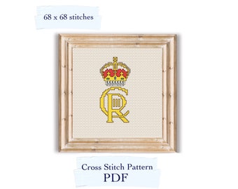 May include: Cross stitch pattern PDF for a royal monogram with a gold crown and the letters "CR" in yellow. The pattern is 68 x 68 stitches.