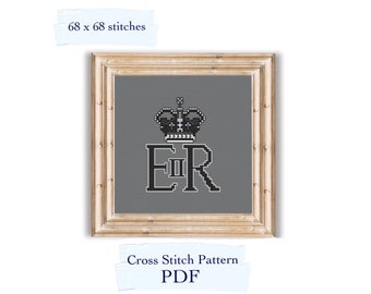 May include: A cross stitch pattern PDF for a black and white design of a crown and the letters "ER II" on a grey background. The pattern is 68 stitches by 68 stitches.