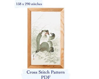 Monkey and Insect Cross Stitch Pattern, Ohara Koson Art (PDF Download)