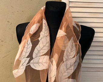 Light academia sheer scarf Peach chiffon shawl from 70's