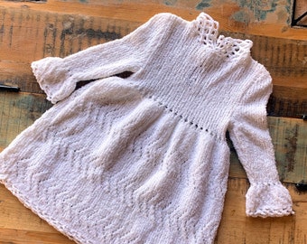 Baptism dress for baby girl Vintage knitted christening dress Handmade of white soft yarn