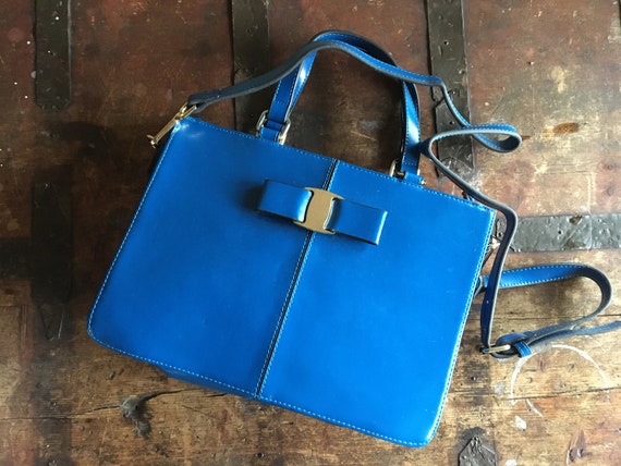 Small vintage briefcase women. Blue leather satche