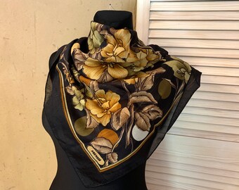 Square scarf women Vintage headscarf Black, brown floral hair scarf