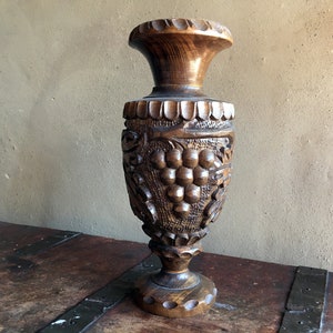 Dark academia room decor Rustic carved wood vase Wooden hand turned vase Vintage