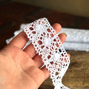 Wide cotton lace trim by the yard. White edging tape. 4 cm / 1.5 &quot;