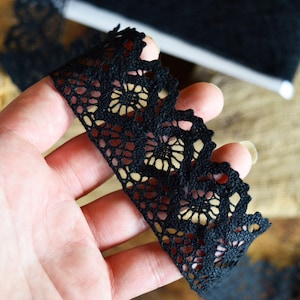 Dark cottagecore Black cotton lace trim by the yard Wide edging tape. 4 cm / 1.5 &quot;