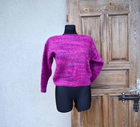 Old vintage mohair boatneck sweater Hand knit FUCH