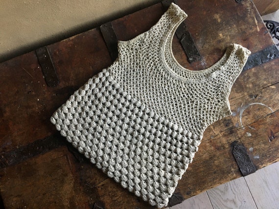 70s crochet vest. Vintage undyed linen small vest.