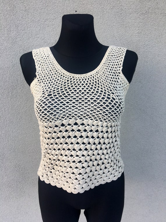 70s crochet vest. Vintage undyed linen small vest… - image 2