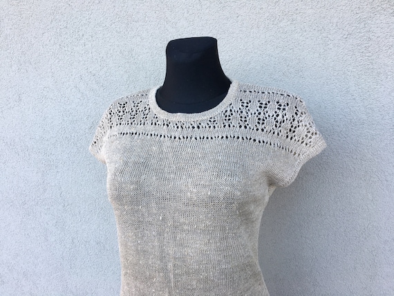 70s crochet dress Vintage undyed linen women's dre