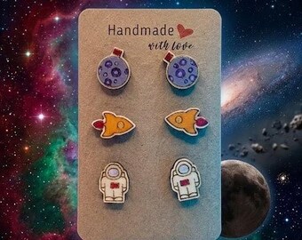 Space Adventure Stud Earring Set | 3 Pairs Hand Painted Resin Studs