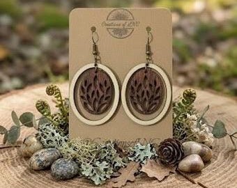 Botanical Leaf Oval Basswood Earrings | Small Batch Lightweight Wood Jewelry
