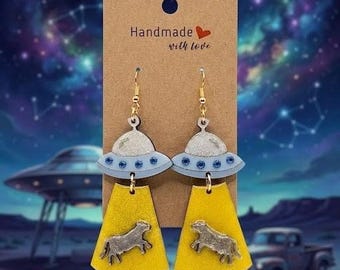 UFO Cow Abduction Earrings | Hand Painted Resin Alien Dangles