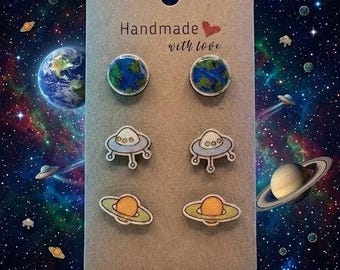 Cosmic Planet Stud Earring Set | 3 Pairs Hand Painted Resin Studs