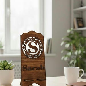Personalized Wooden Phone Stand: Custom Monogram and Engraved Name