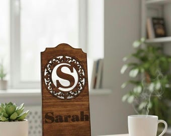 Personalized Wooden Phone Stand: Custom Monogram and Engraved Name