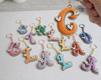 Personalized Initial Keychain | Hand Painted Wood Letter Bag Charm