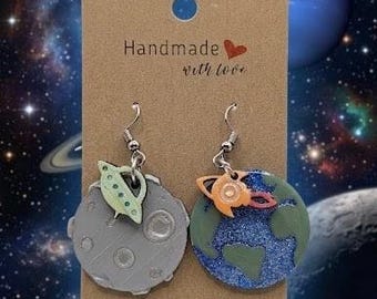 Earth and Moon Mismatched Earrings | Hand Painted Resin Celestial Dangles