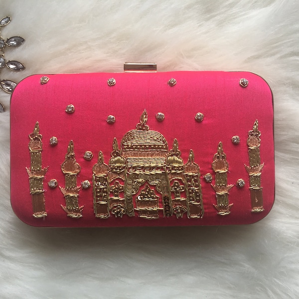 Pink Taj Mahal handmade embroidered clutch bag Sabyasachi inspired