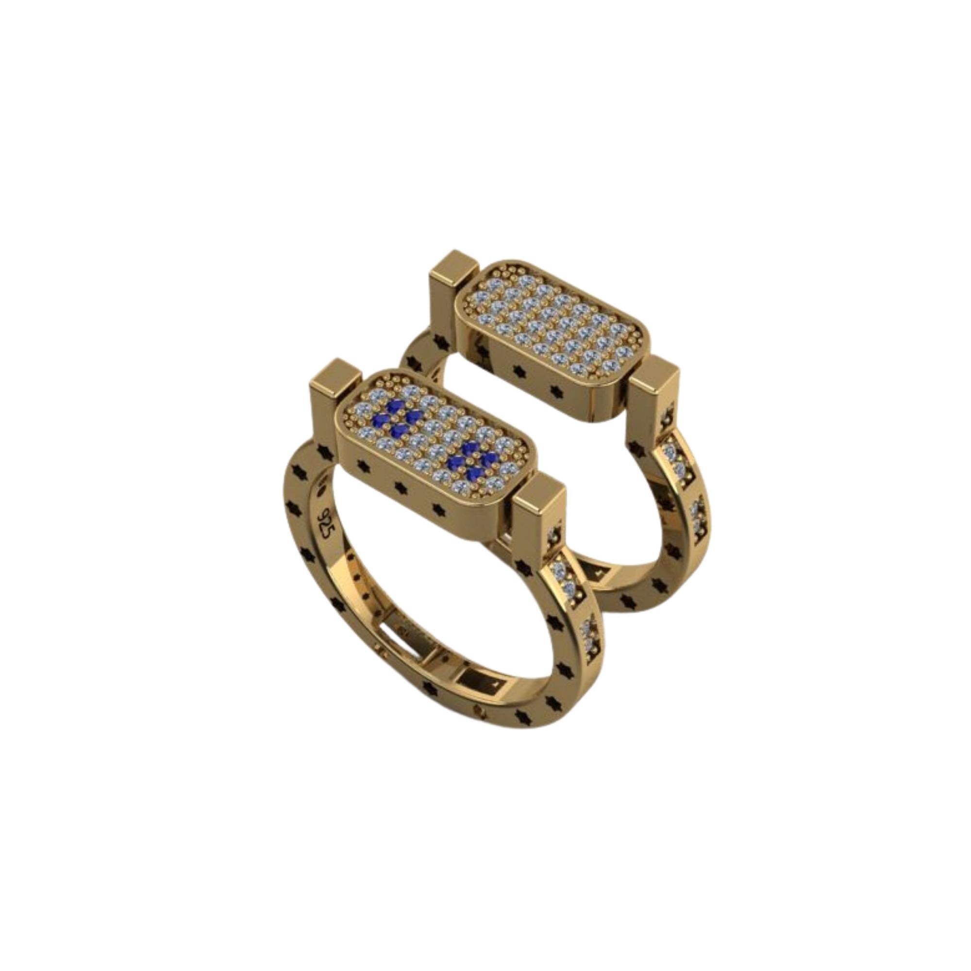 Reversible Sterling Silver Ring, 14K Gold Plated, Blue White Stone ...