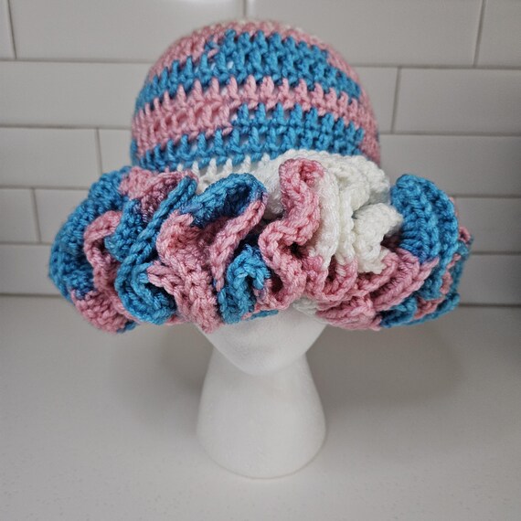 Pink & Blue Ruffle Crochet Hat - Handmade Fashion Bucket Hat  display picture 1