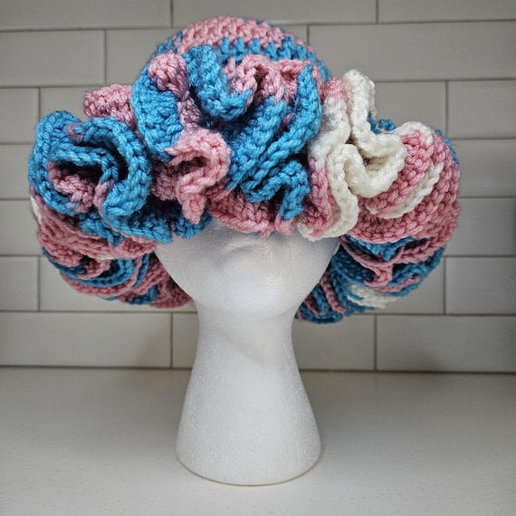 Pink & Blue Ruffle Crochet Hat - Handmade Fashion Bucket Hat 