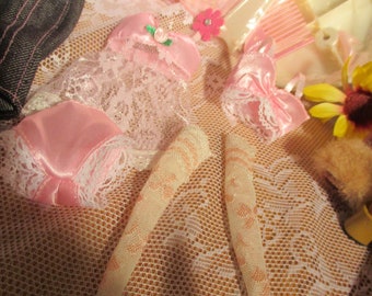 Doll Lingerie: Pink Satin, White Lace Slip, Bra, Panty & Hose