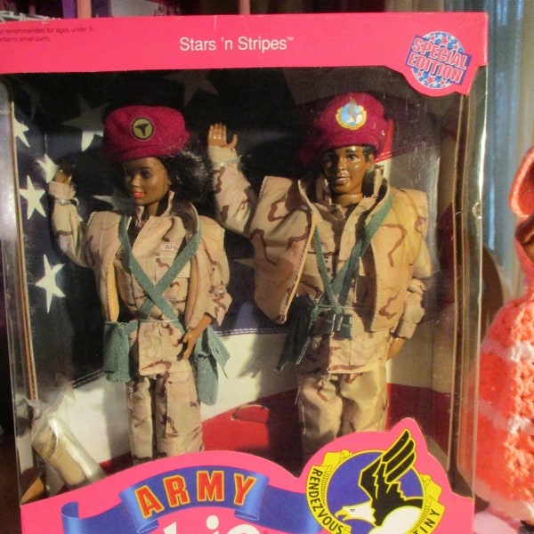 Barbie & Ken Deluxe AA Set  1992 Malaysia Special Edition "Stars N Stripes" Army  Black Ken and Barbie  Uniforms Complete