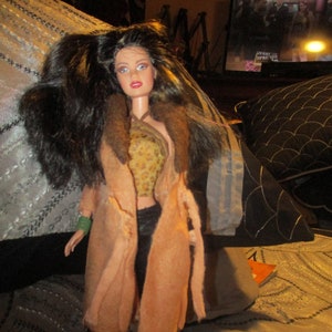 Mattel Vintage Barbie Doll In Tan Long Coat With Faux Fur Leather Look Pants  Animal Print Midriff Top    Full Thick Hair   Boots