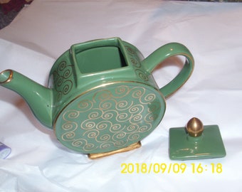 Miniature Vintage Tea Pot: Green Ceramic with Gold Geometric Design