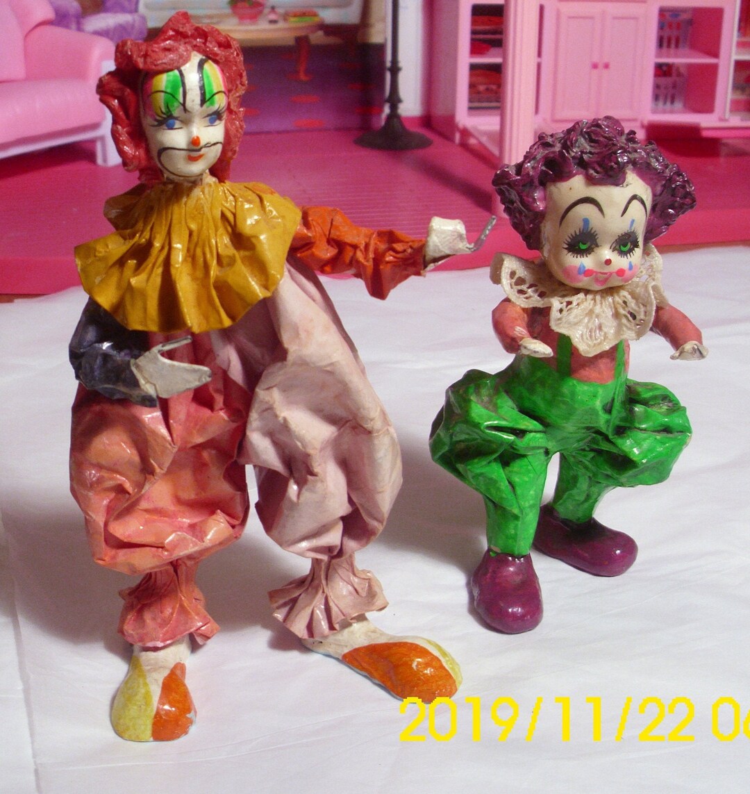 Paper Mache Clowns Vintage Excellent Creativeity Hand Made Original One