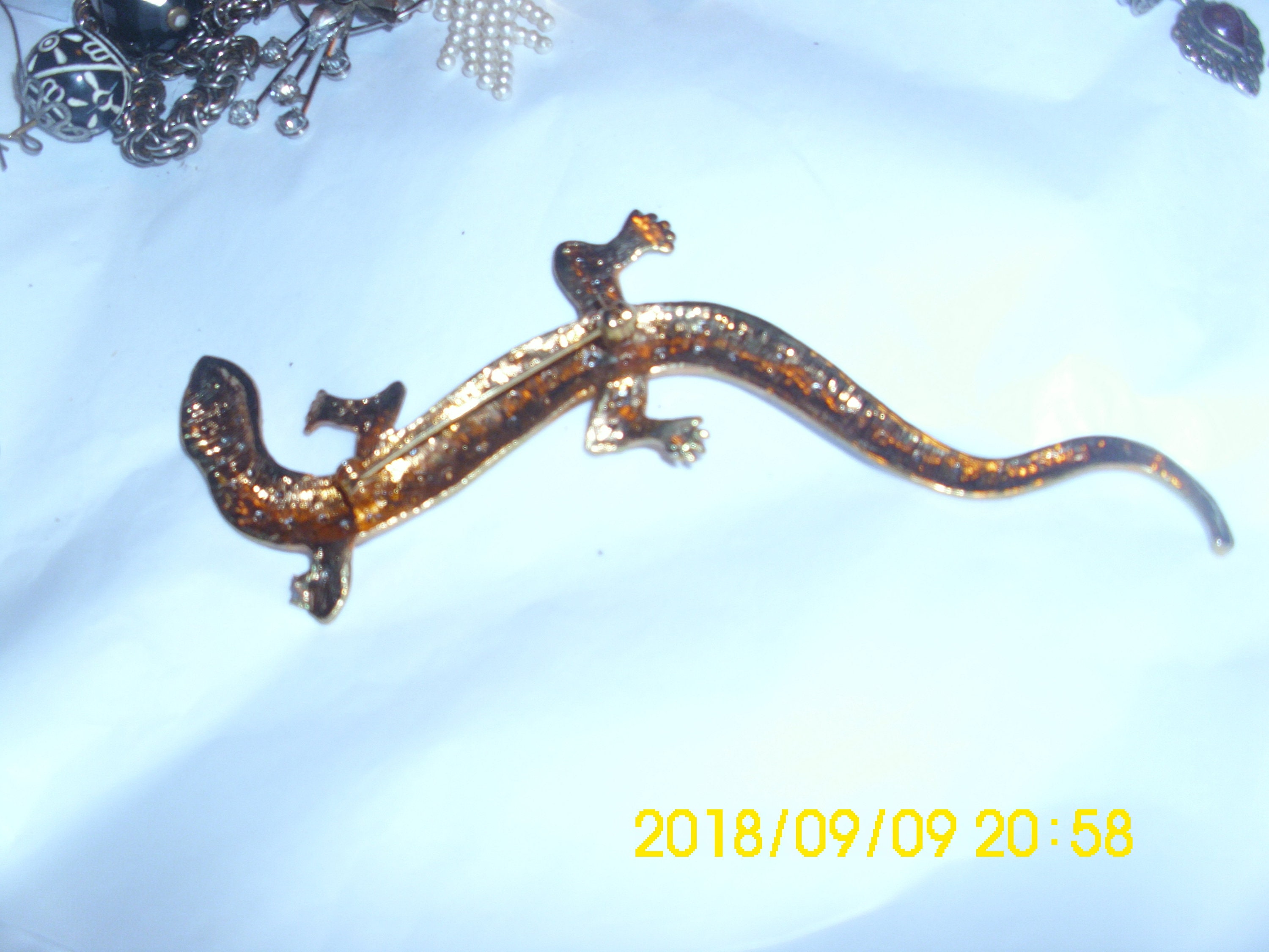 Broche Ancienne En Nacre Et Bronze (?) - Motif Salamandre, Bijou Vintage Magnifique