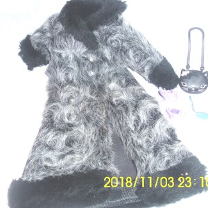 Mattel Barbie My Scene Doll Coat Fake Fur Leather Coat  Black Back Charcoal Gray Front Black Fur Trim Maxi Coat  Some Accessories