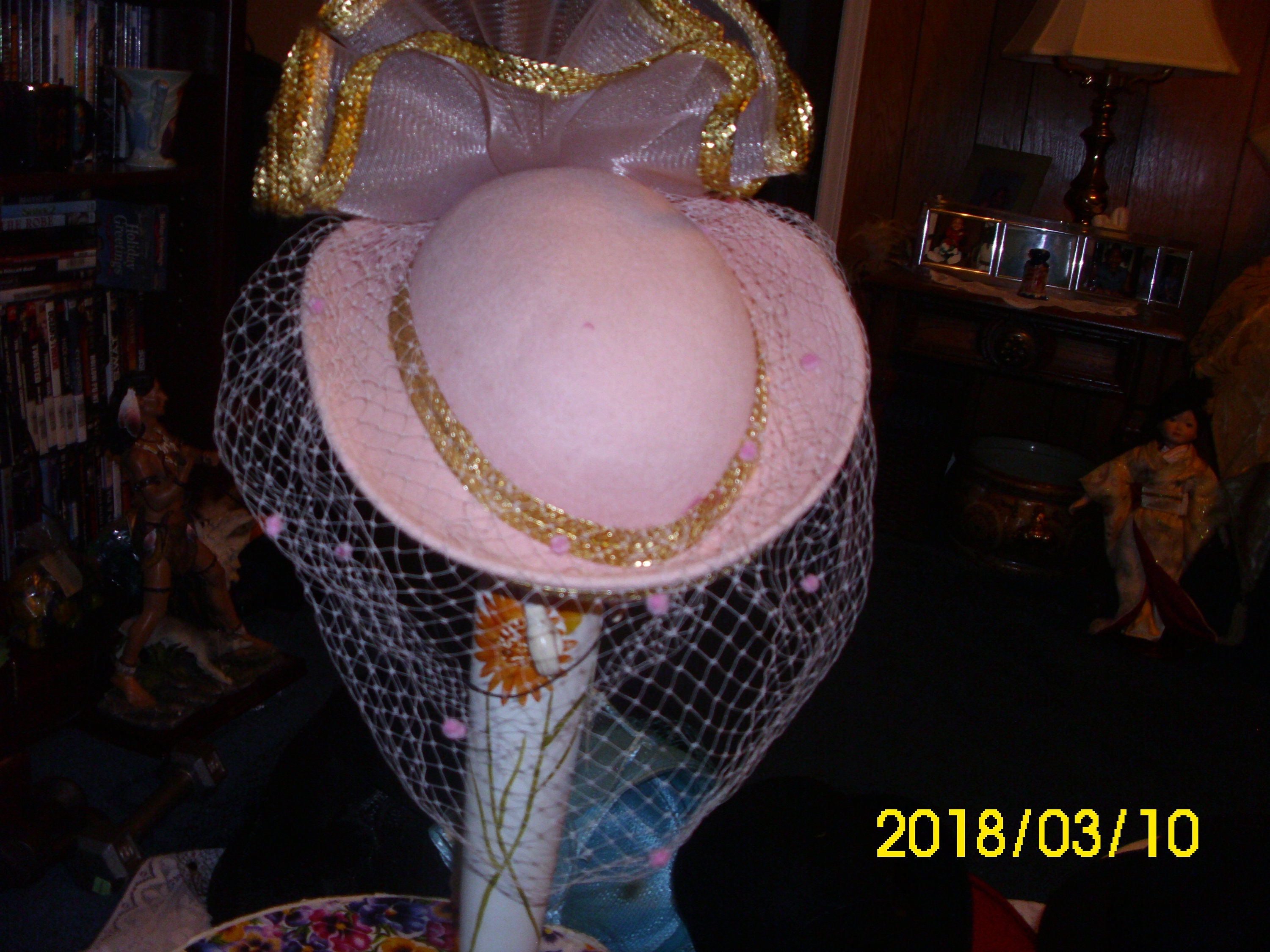 Vintage Pink Gold Church/Occasion Hat   100% Wool  Gold Trim  Gold Band  Netting Pimp Hat with Feather - Stylish Comfortable Design main image 4