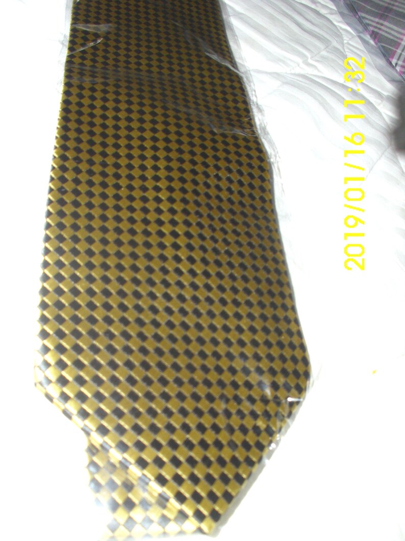 Lidalia 100 Percent Silk Neck Tie Gold Black Herringbone Check Classic Length image 3