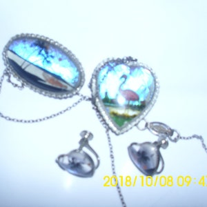Broach Earrings Heart Penchant Reversible Penchant 1930&#39;s Screw Hold  4 Piece Set  Tropical Scenery Flamingo Palm Trees
