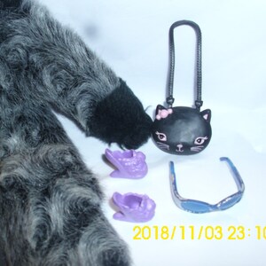 May include: A black faux fur coat with a black cat-shaped purse, two purple shoes, and blue sunglasses. The date 2018/11/03 23:10 is written on the white background.
