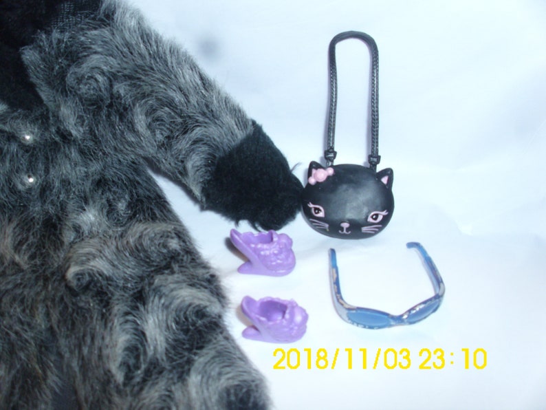 May include: A black faux fur coat with a black cat-shaped purse, two purple shoes, and blue sunglasses. The date 2018/11/03 23:10 is written on the white background.
